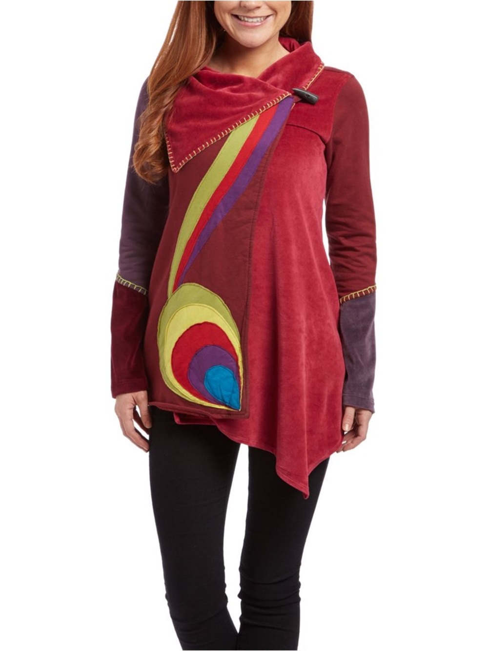The Collection Royal Tunic XL Rainbow Applique Asymmetrical Wood Toggle